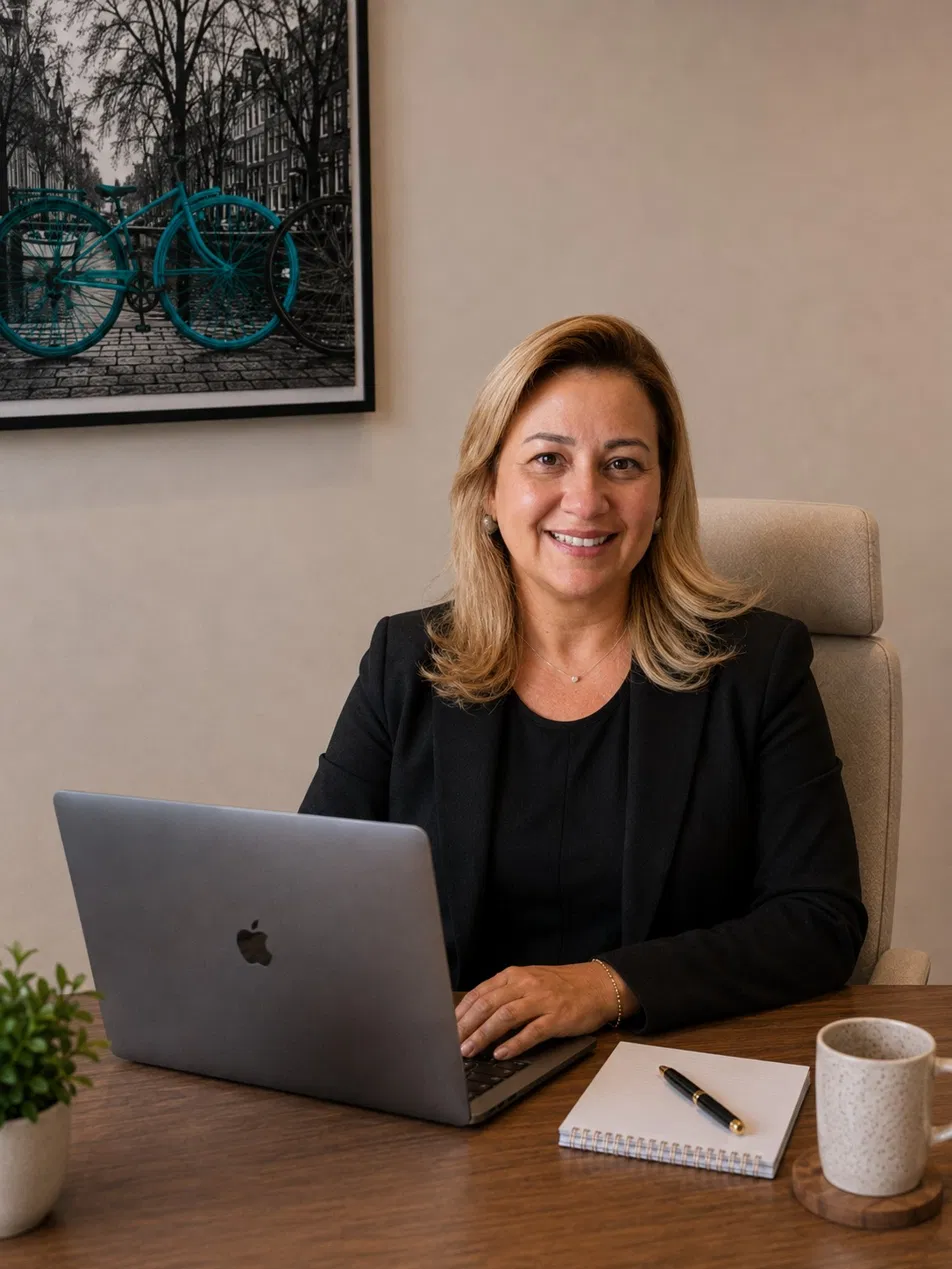 Letícia Lopes Lauriano sorrindo, sentada à mesa com notebook